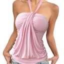 Milumia Women Ruched Halter Top Backless Knot Front Sleeveless Casual Going Out Tank Tops Pink Large