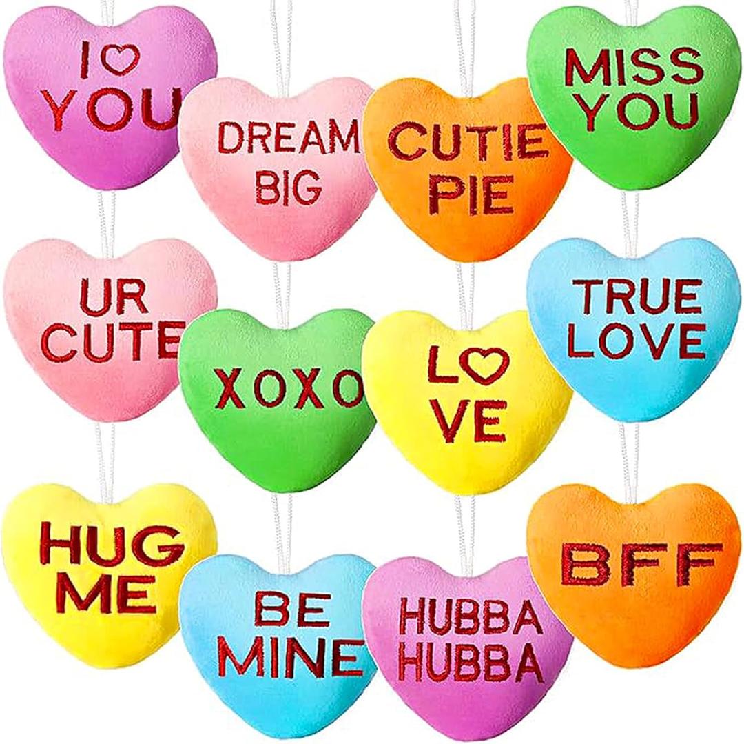 Vinsot 12 Pieces Valentine's Day Conversation Hearts Ornaments Plush Fabric Colorful Hanging Tree Decorations for Valentine's Day Exchange Gift Anniversary Party Decor