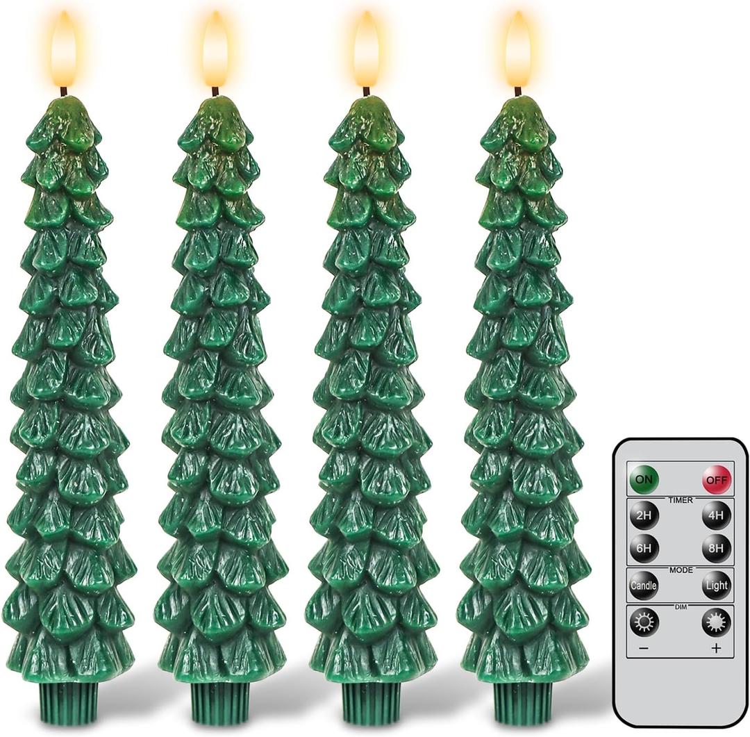 GenSwin Christmas Tree Flameless Taper Candles with Remote Timer, Christmas LED Taper Candles with 3D Flame, 4 Pcs Green LED Candlesticks for Christmas Home Decoration(0.78 x 9.8)