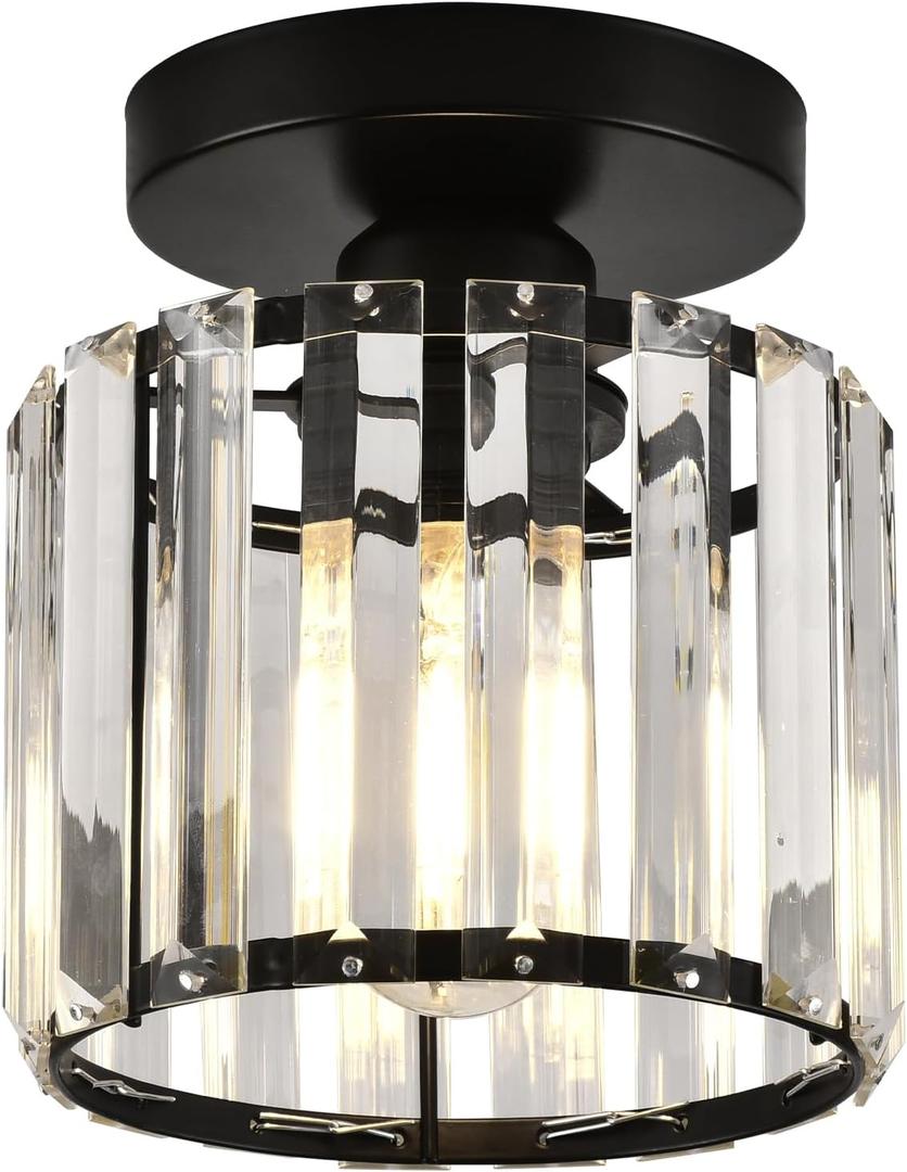Semi Flush Mount Ceiling Light, Crystal Ceiling Light Black Crystal Chandelier for Kitchen Hallway Entrance Balcony Dining Rooms Living Rooms