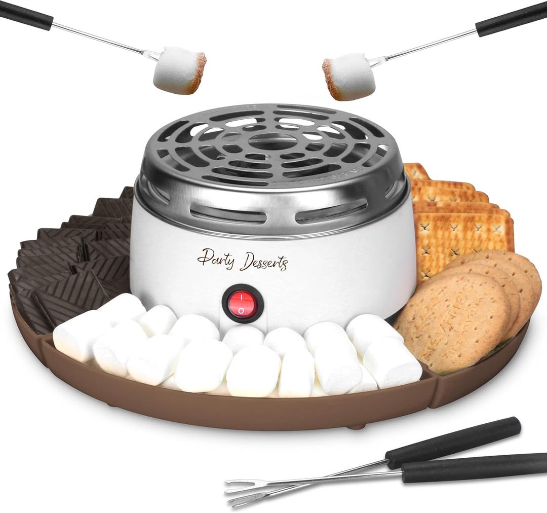 Electric Smores Maker Tabletop Indoor Kit, Indoor Marshmallow Roaster, Smores Station with 4 Compartment Trays & 4 Forks, Great Gift for Adults and Kids in Holidays and Parties (Brown)