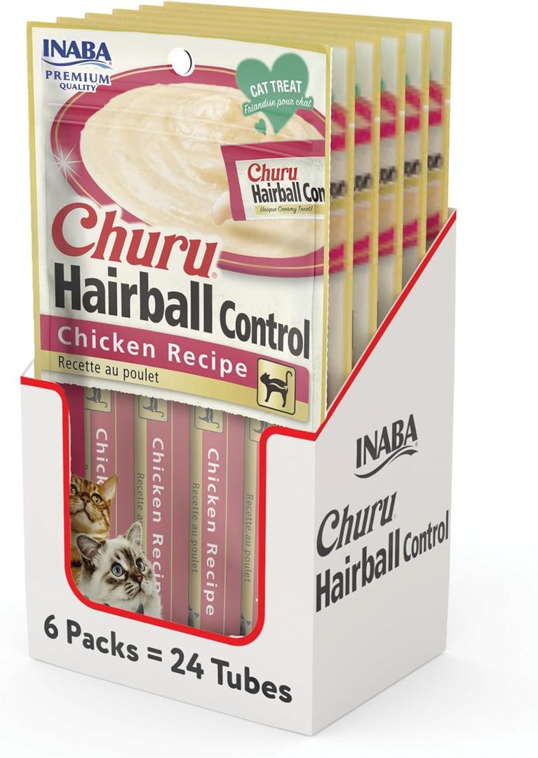 INABA Churu Hairball Control, Functional, Creamy Lickable Pure Cat Treat with Taurine & Vitamin E, 0.5 Ounces Each, 24 Tubes (4 per Pack), Chicken Recipe INABA Churu Hairball Control, Functional, Creamy Lickable Pure Cat Treat with Taurine & Vitamin E, 0.5 Ounces Each, 24 Tubes (4 per Pack), Chicken Recipe