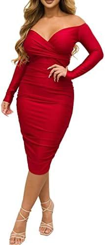 Women's Sexy Deep V Neck Off Shoulder Ruched Bodycon Long Sleeve Midi Dress Evening Party Cocktail Dress, S