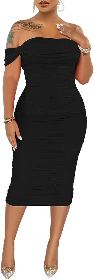 PINSV Women Ruched Off Shoulder Dress Bodycon Party Elegant Midi Dresses (XX-Large, 3288 Black)
