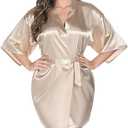 Vlazom Womens Kimono Robes Dressing Gown Satin Bathrobe Nightdress Short Style Bridal Robe, L