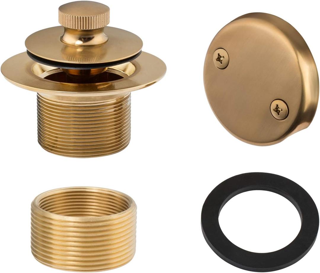 Artiwell Lift & Turn Tub Trim Set with Two-Hole Overflow Faceplate, All Brass Bathtub Conversion Kit Assembly with 2-Hole Overflow Face Plate and Universal Fine/Coarse Thread (Brushed Gold)