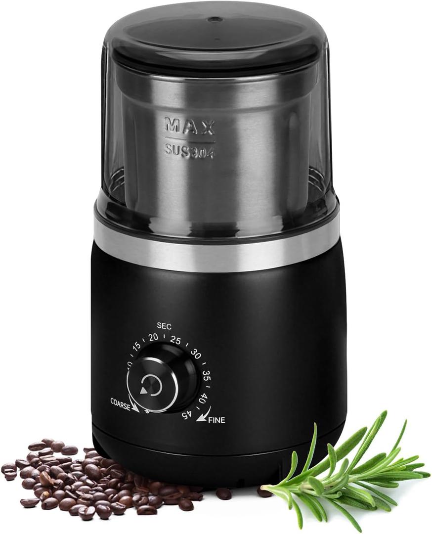 Electric Coffee Grinder with Silent Grinding Blades & Timer Knob to Adjustable Coarse to Fine, Espresso Grinder with Removable Stainless Steel Bowl for Coffee Bean, Herb, Spices, Seeds (Black)
