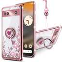Google Pixel 6a Case, Cellular Phone Case for Women, Rose Gold Glitter Crystal Butterfly Heart Floral Slim TPU Protective Cover with Ring Holder Stand+Strap