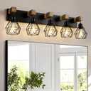 Farmhouse Vanity Light for Bathroom, 5-Light Wood Bathroom Vanity Light Fixtures Over Mirror, Rustic Sconces Wall Lighting with Metal Lampshade for Living Room, Bedroom, Hallway (Black)