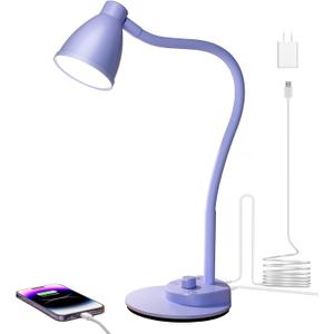 BOHON LED Desk Lamp with USB Charging Port, 3 Color Modes Fully Dimmable Reading Lamp, Auto Dimming Task Lamp, Flexible Gooseneck Table Light for Office Dorm Bedside, Adapter Include, Lilac Purple