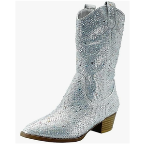 Girls/Kids Rhinestone Western Cowgirl Cowboy Pointed Toe Low Heel Boots, Size 9 