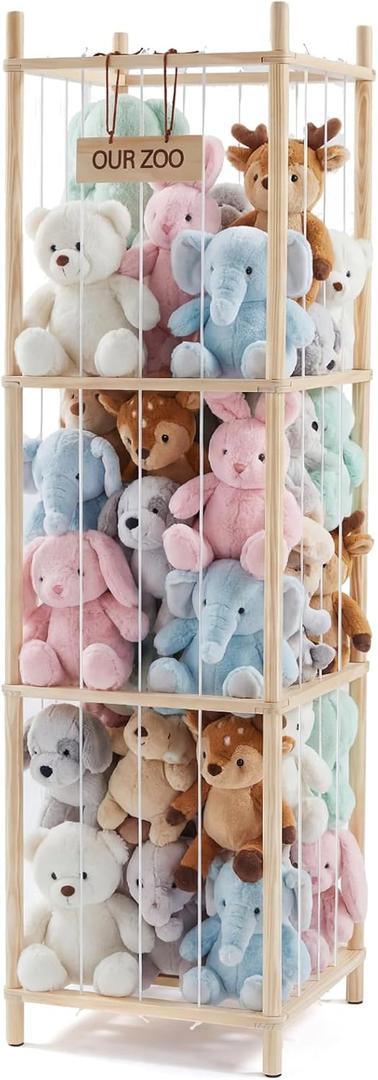 OLIXIS Large Plushies Storage Organizer, 54In Oversized Stuffed Animal Holder, Elastic Cord & Solid Wood Base Design, Space Saving Zoo Toy Storage for Nursery Playroom Bedroom, Wood