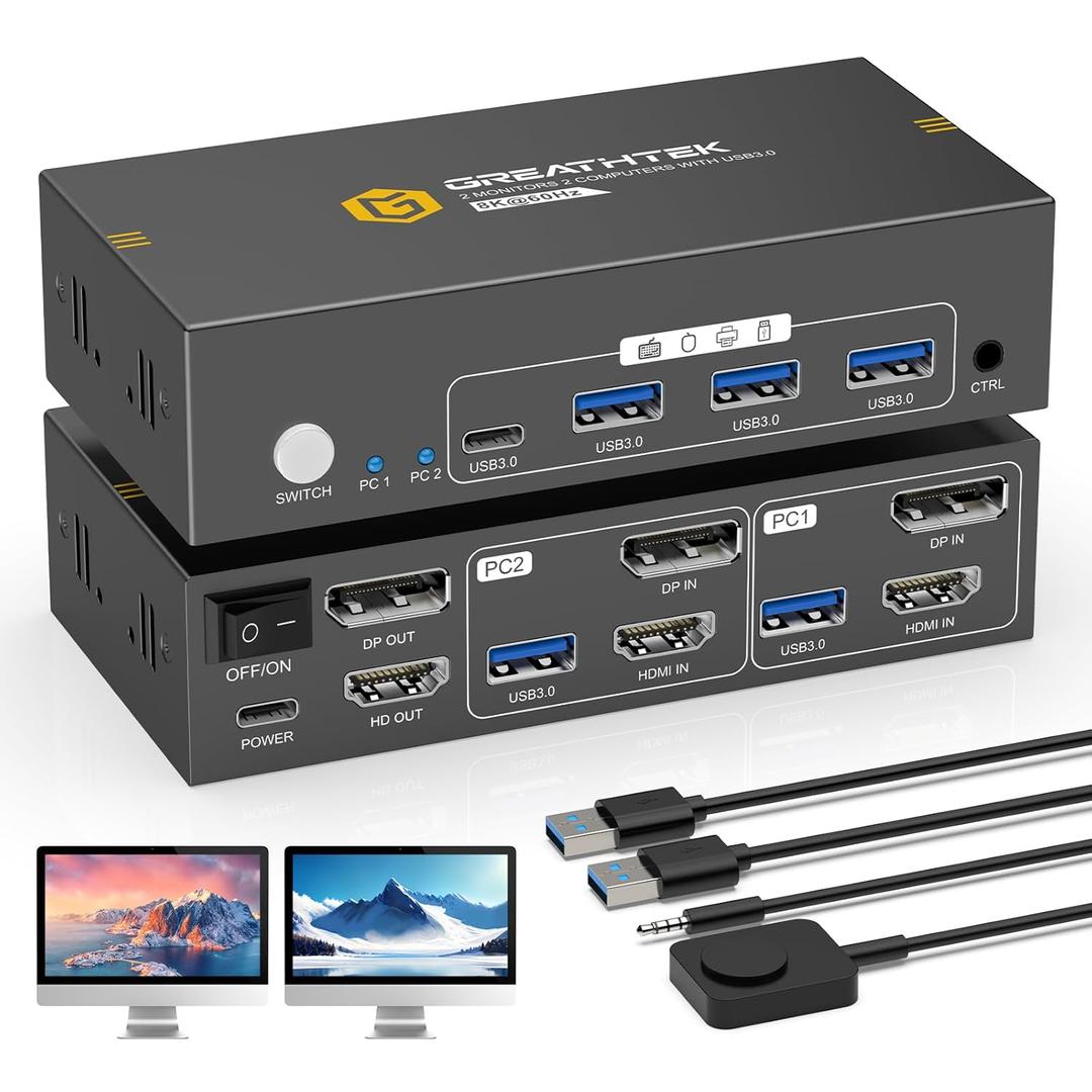 8K HDMI+Displayport KVM Switch 2 Monitors 2 Computers,8K@60HZ Dual Monitors KVM Switches for 2 PC/Laptops Share Mouse Keyboard and 2 Screens,3 USB3.0 Ports, Wired Controller Included,EDID Adapative