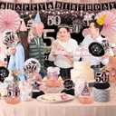 2 x 50th Birthday Decorations for Women - Rose Gold 37Pcs All-in-One Party Kit with Banner, Backdrop, Tiara, Sash, Cake Topper, Latex Balloons, Hanging Swirls, Centerpieces
