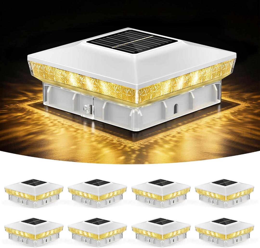 Solar Post Cap Lights 8 Packs for 4x4 Wooden/Vinyl Posts, IP65 Waterproof Fence Post Solar Lights with Warm/Cool/Neutral Lighting, Outdoor Post Lights for Garden, Patio, Porch - White