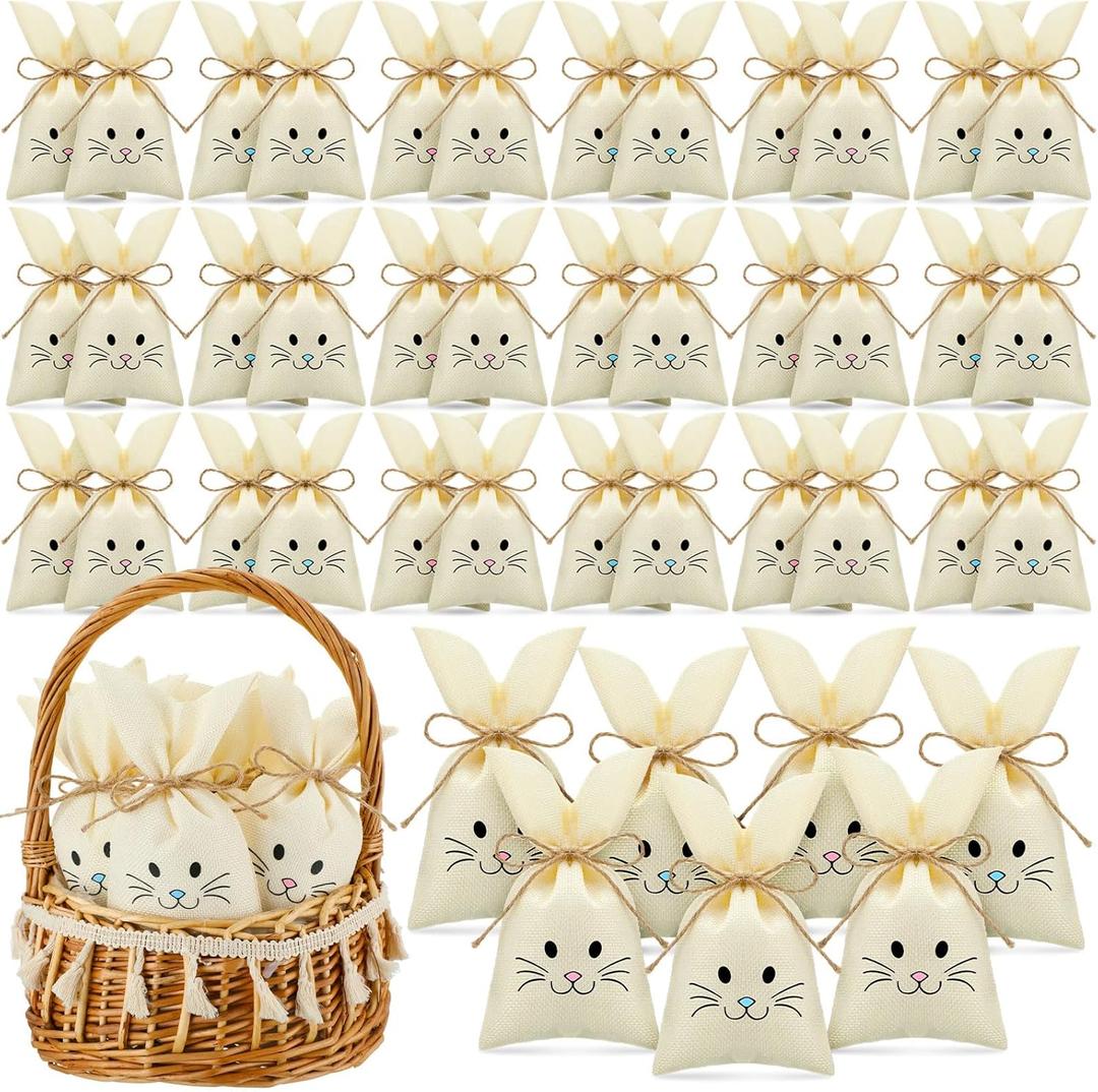 SilTriangle 72 Pcs Easter Treat Sacks Bags with Drawstring Bunny Gift Bags Bunny Party Favors Small Burlap Bag for Kids Goody Basket Party Supplies Cookies Candy Chocolate Hunt Stuffer