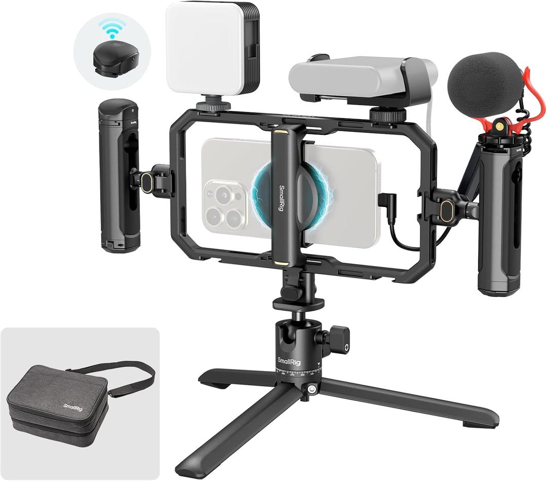 SmallRig All-in-One Universal Quick Release Phone Video Rig Kit Pro, Phone Stabilizer Rig Kit with LED Light Microphone QR Tripod Dual Handles Power Bank Holder, for Creator & Live Streaming - 4704