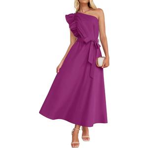 ZESICA Women's 2025 Summer One Shoulder Ruffle Dress Sleeveless Empire Waist Boho Flowy Maxi Dresses, XL