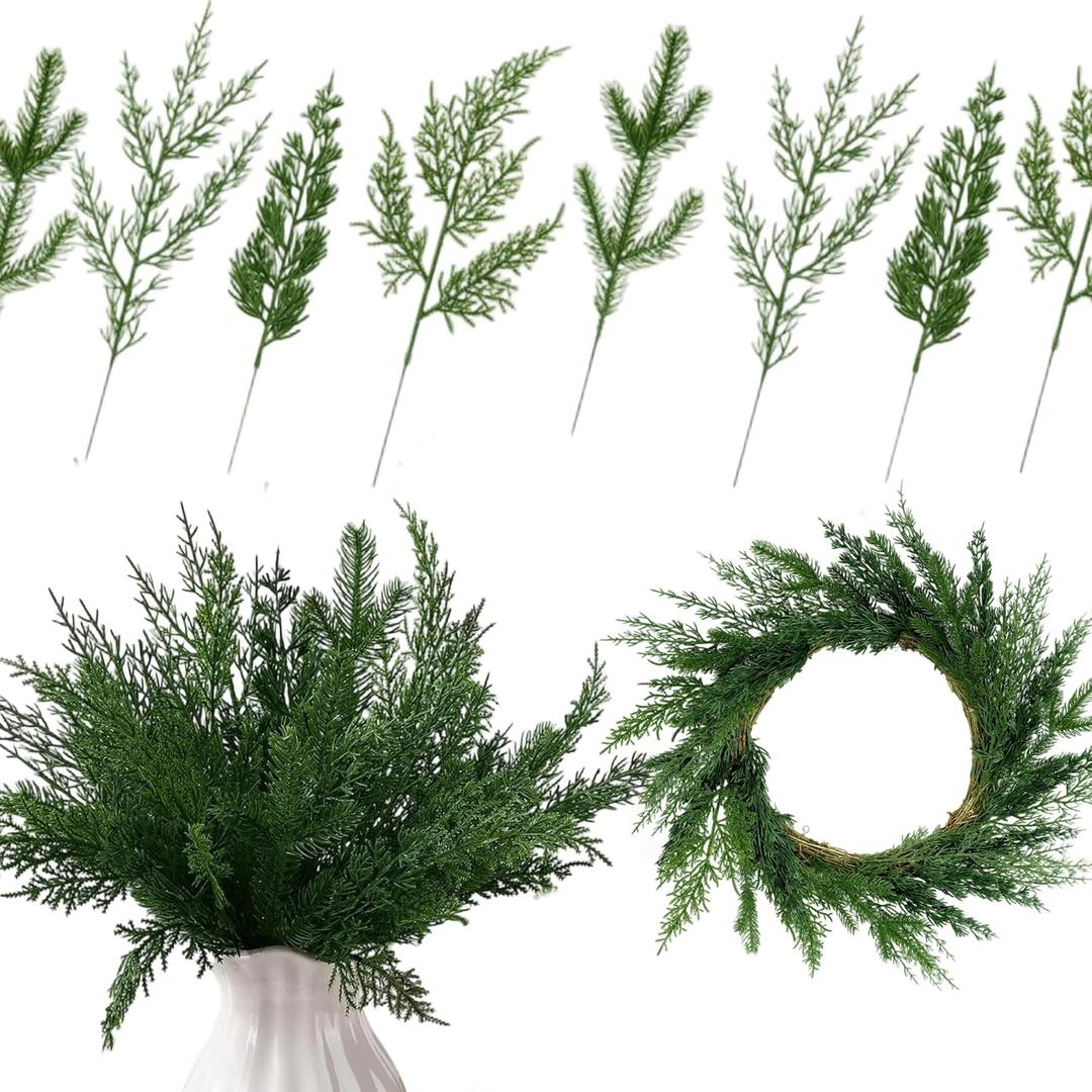 Suncalla 100 Pcs Christmas Artificial Pine Branches Assorted Faux Picks Cedar Leaves Needle Sprigs Plastic Christmas Greenery Pine Stems for Xmas Wreaths Garlands DIY Accessories Home Garden Decor