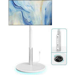 Floor Mobile TV Stand with Power Outlet, Rolling TV Cart for 27-65 Inch OLED LED Monitors, 6 Levels of Height Adjustment, Ambient Lighting on The Bottom Wheels Holds up to 88lbs, 400x400mm (White)