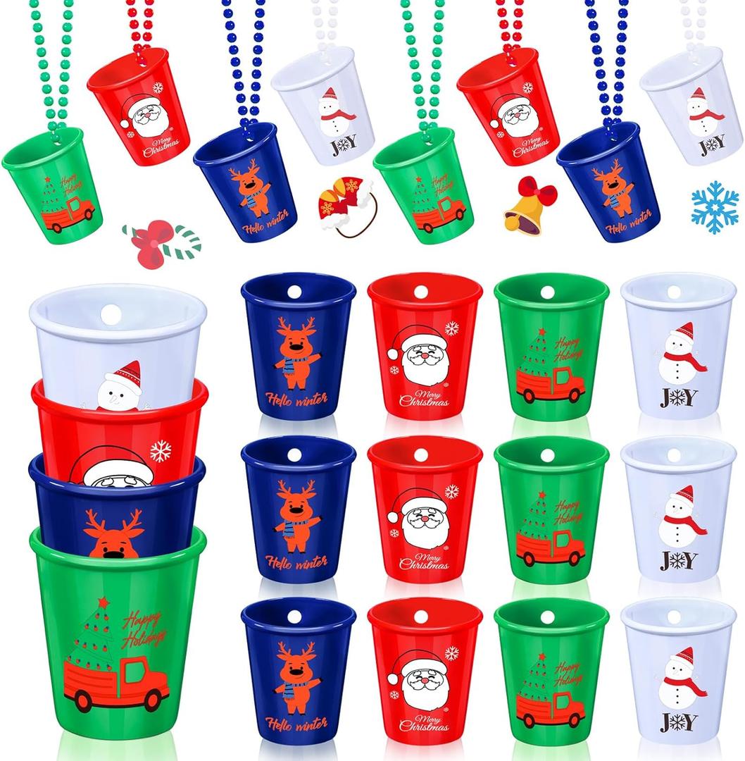 24 Pcs Christmas Shot Glass Necklaces Plastic Shot Glasses on Beaded Necklace Colorful Shot Necklace Cups for Kids Christmas Birthday Party Supplies, 4 Colors