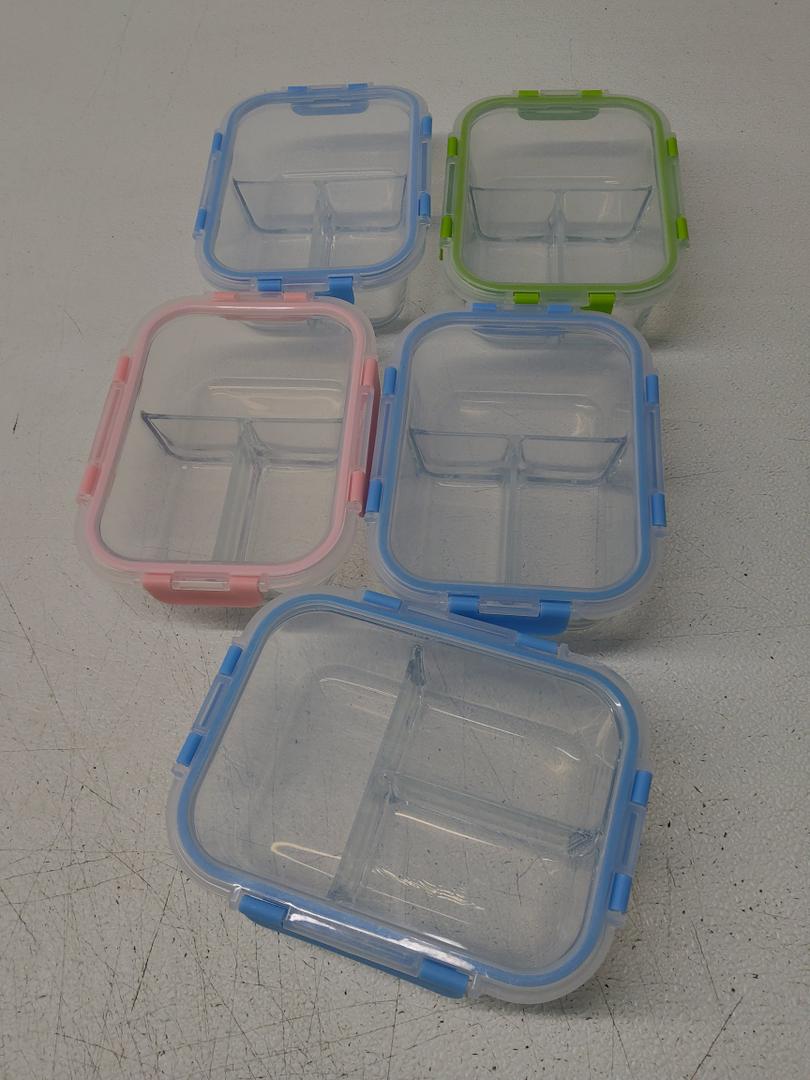 Glass Food Storage Containers 3 Compartment with Lids (5 Pack, 34oz), Divided Glass Meal Prep Containers for Lunch at Work, Leak-Proof Portion Control Food Containers, Microwave/Dishwasher Safe