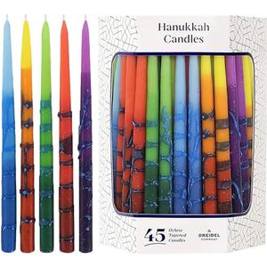 The Dreidel Company Dripless Hanukkah Candles, Multicolored Striped Deluxe Tapered Decorations, 1-Hour Burn Time 45 Menorah Candles for All 8 Nights of Chanukah