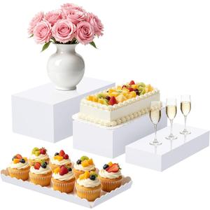 Buffet Risers, 4PCS White Acrylic Food Risers for Party Table, Large Rectangle Display Riser Stand with Hollow Box for Dessert Catering Supply, Scalloped Acrylic Tray for Cupcake