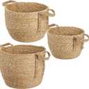 Seagrass Storage Baskets Set of 3, Handwoven Wicker Style with Handles, Large Round Basket for Blankets, Laundry, Toy Storage, Plant and Home Organization, Boat Basket Inspired Design