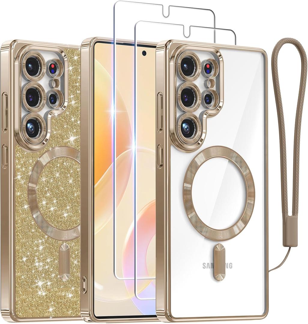 Meifigno Case for Samsung Galaxy S25 Ultra 6.9 inch, [Compatible with MagSafe] [2X HD Screen Protectors] [Glitter Card & Wrist Strap] Full Lens Protection Case for Galaxy S25 Ultra, Desert Titanium
