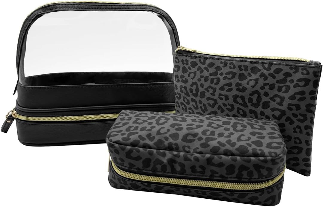 Makeup Bag 3 Pack, Double layer Transparent Cosmetic Bag Organizer, Women's Toiletry Bag, Travel Essentials (Black)