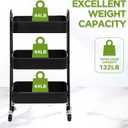 AGTEK Makeup Cart, Movable Rolling Organizer Cart, Black 3 Tier Metal Utility Cart