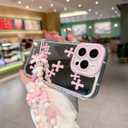 for iPhone 14 Pro Max Case, [Pink Cross Pattern][Shiny Mirror Case][2-in-1 Wristband with Beads] Soft TPU Frame, Shockproof & Anti-Drop, Suitable for Women & Girls