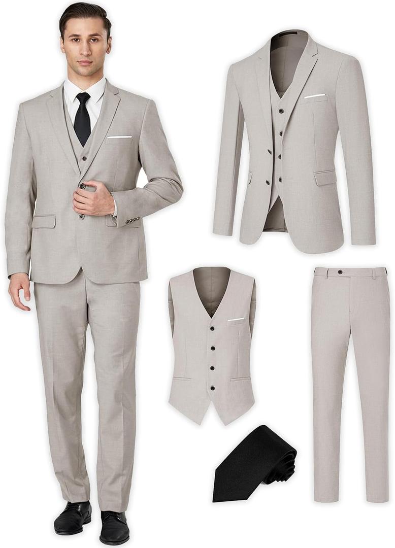 Men's Suit Slim Fit 3 Pieces Suit Set, Business Casual Suits for Men Two Button Soild Jacket Vest Pants Set with Tie (Medium, Beige)