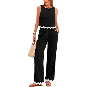 PRETTYGARDEN Women's 2 Piece Outfits Smmer Casual Sleeveless Tank Crop Top Pants Sets Tracksuit (Small, Black)