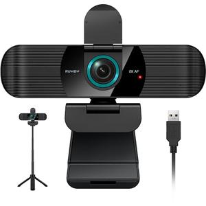 RUWBY QHD 2K Webcam with Built-in Dual Mics, Wide-Angle Lens, Privacy Cover, Tripod Stand, Autofocus Computer Camera, Plug and Play for Desktop PC or Laptop