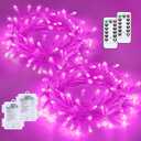 YEGUO Battery Operated String Lights, 2 Pack Each 33ft 100 LED Twinkle Fairy Lights Outdoor Waterproof, 8 Modes Clear Wire Pink Christmas Lights Indoor with Remote
