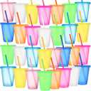 30 x Sieral 30 Pack Cups with Lids and Straws Kids Tumbler with Straw Reusable Water Bottle Iced Coffee Travel Mug Adults Plastic Cups for Parties 16 oz (Clear Multicolor)
