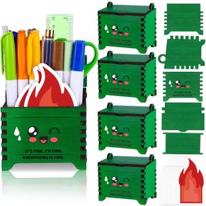 Dumpster Pencil Holders for Desk with Flame Note Cards Tiny Recycle Bin Pencil Holder Funny Office Desk Accessories Decor Ideal for Student Work and Office
