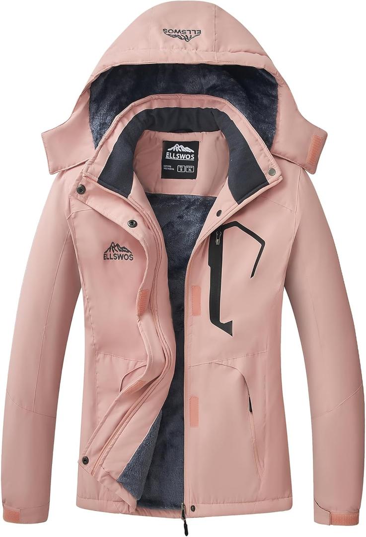 ELLSWOS Womens Winter Coats Waterproof Ski Jacket Warm Snow Jackets Windproof Windbreaker Hooded Raincoat (XX-Large, Pink)