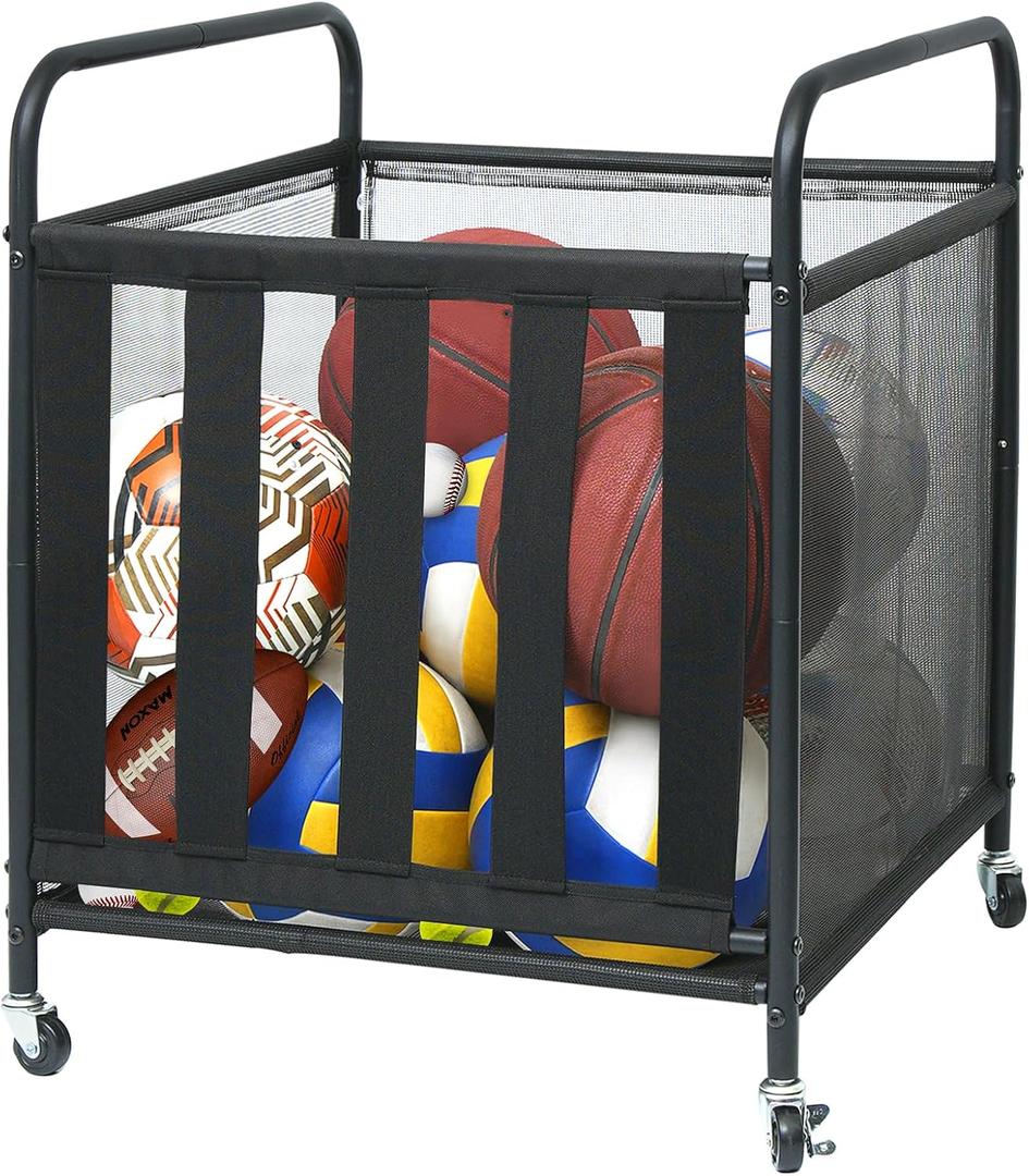Outdoor Toy Storage Ball Storage Rack, Sports Ball Storage Cart with Wheels and Handles, Metal Sport Equipment Organizer Rack with Elastic Straps for Garage, Gym or Playground, Black