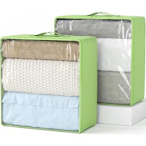 Clothes Storage Bags, Foldable Thick Fabric Blanket Storage Bags, Large Clear Window & Carry Handles, Great for Clothes, Blankets, Closets, Pillows, Toys (Green, Extra-2Pack)