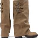 Knee High Boots Women Fall Slouchy Fold Over Tall Boots - Motorcycle, Hidden Zipper, Fashion Buckle, Platform, Square Toe (10, 1 Taupe)