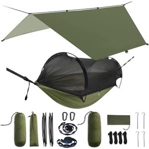 ADVOKAIR Camping Hammock with Mosquito Net and Rain Fly, Up to 500lbs, Ultralight and Portable Nylon Travel Hanging Hammock with Tree Straps, Perfect for Outside, Backpacking, Hiking and Backyard