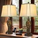 28.5" high Vintage Brown Table Lamps Set of 2 - Bedside Lamp with Faux Silk Shades - for Bedroom and Living Room with USB and Nightlight - Perfect for Nightstands and Bedrooms (Bulb Included)