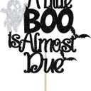 4 x A Little Boo is Almost Due Cake Topper, Boo Theme Baby Shower Cake Decorations, Halloween Baby Shower Pregnancy Announcement Party Decorations, Black Glitter
