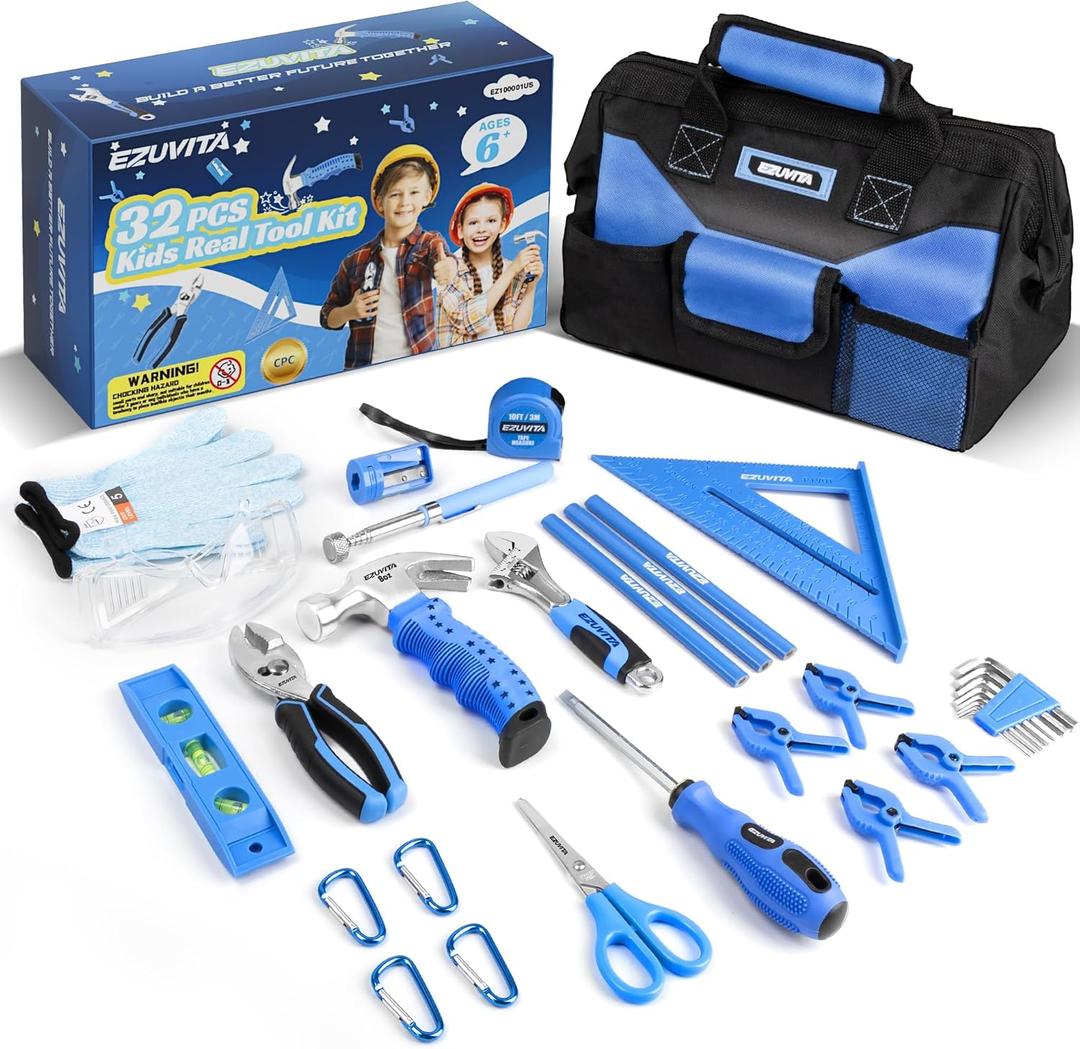 32-Piece Kids Real Tool Set, Blue Kids Size with 12 Storage Bag, Safety Certified Children Learning Hand Tools for Boys and Girls Age 6+, DIY, Construction, Woodwork, Christmas Birthday Gift