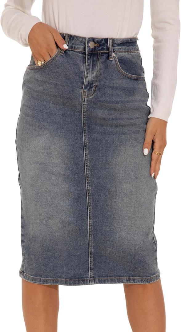 GUANYY Women's Denim Skirt-High Waisted Knee Length Slim Fit Pencil Stretch Jean Skirt (Small, 13_washed Blue)