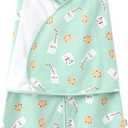 PATPAT Cotton Swaddle for Newborns, Soft Baby Wearable Blanket, Quiet Hook & Loop Closure, Easy Transition Design, 2-Way Zipper for Easy Diaper Changes, 0.5 TOG, Milk & Cookies, 0-3 Months (Green)