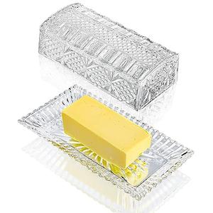 QFkris Glass Butter Dish with Lid for Countertop, 7 inches Clear Crystal Butter Holder with Cover, Butter Keeper Container for Kitchen Refrigerator,Dishwasher Safe